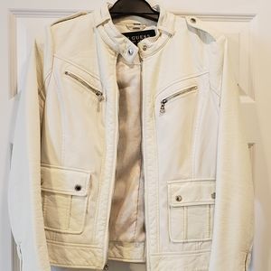 Guess Off-White Faux Leather Jacket with Zipper Accents